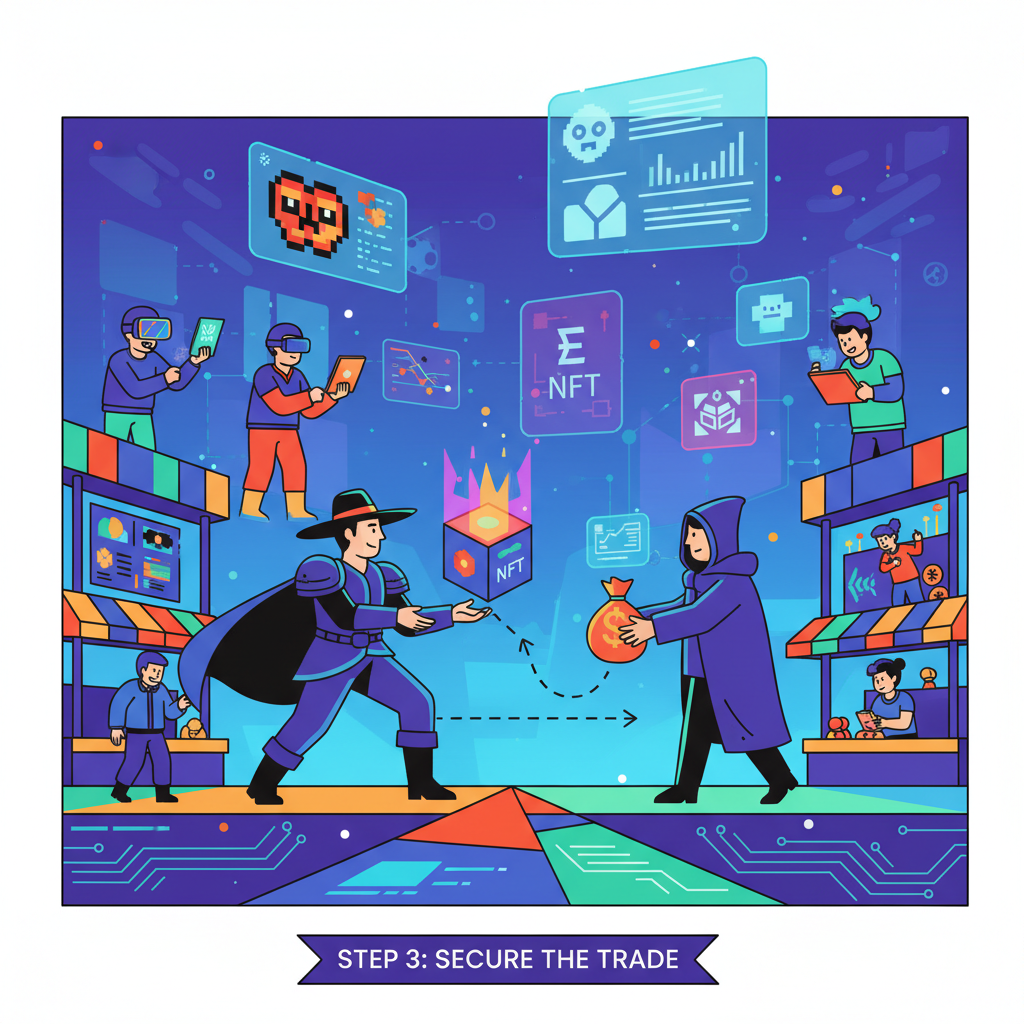 adventurer trading glowing NFT in vibrant crypto bazaar, action pose