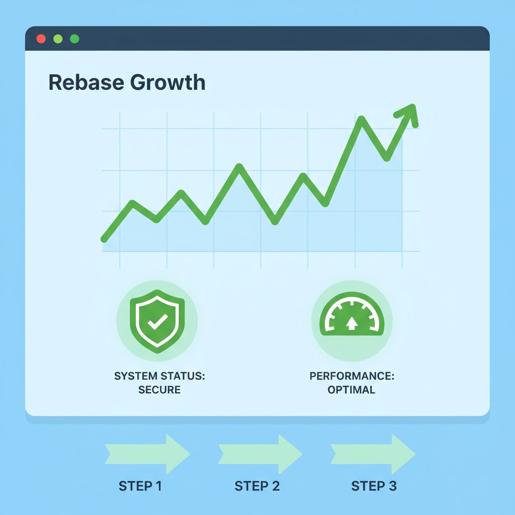 dashboard chart showing rebase growth, monitoring icons, reassuring green lines