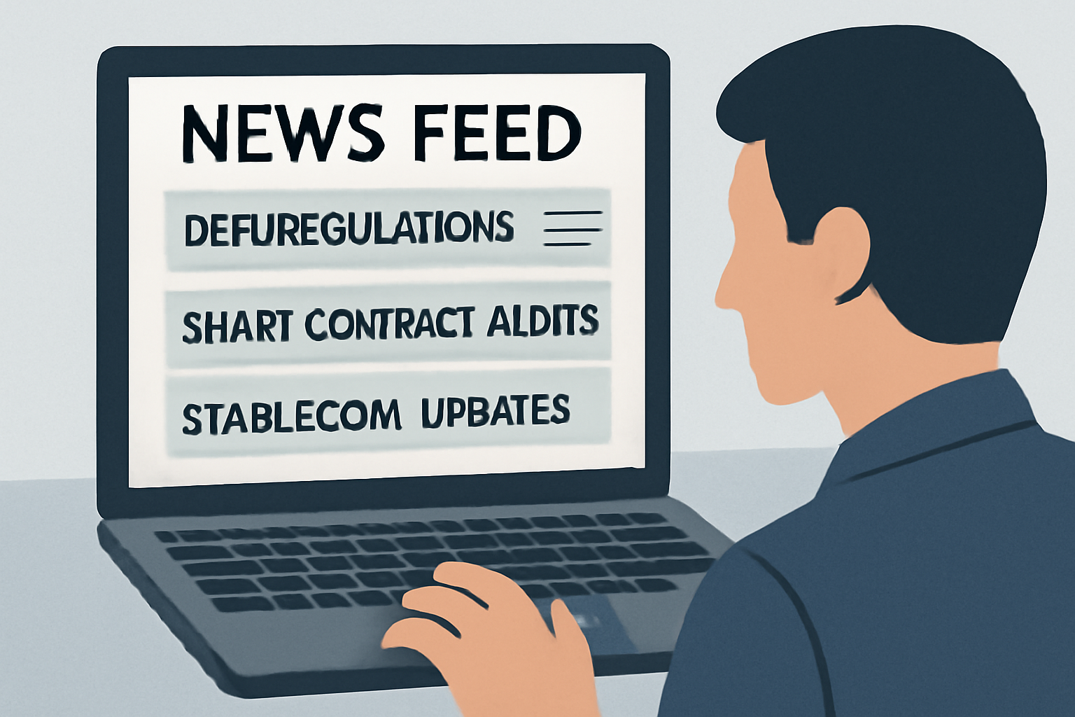 A news feed with headlines about DeFi regulations, smart contract audits, and stablecoin updates, user reading on a laptop, professional and trustworthy