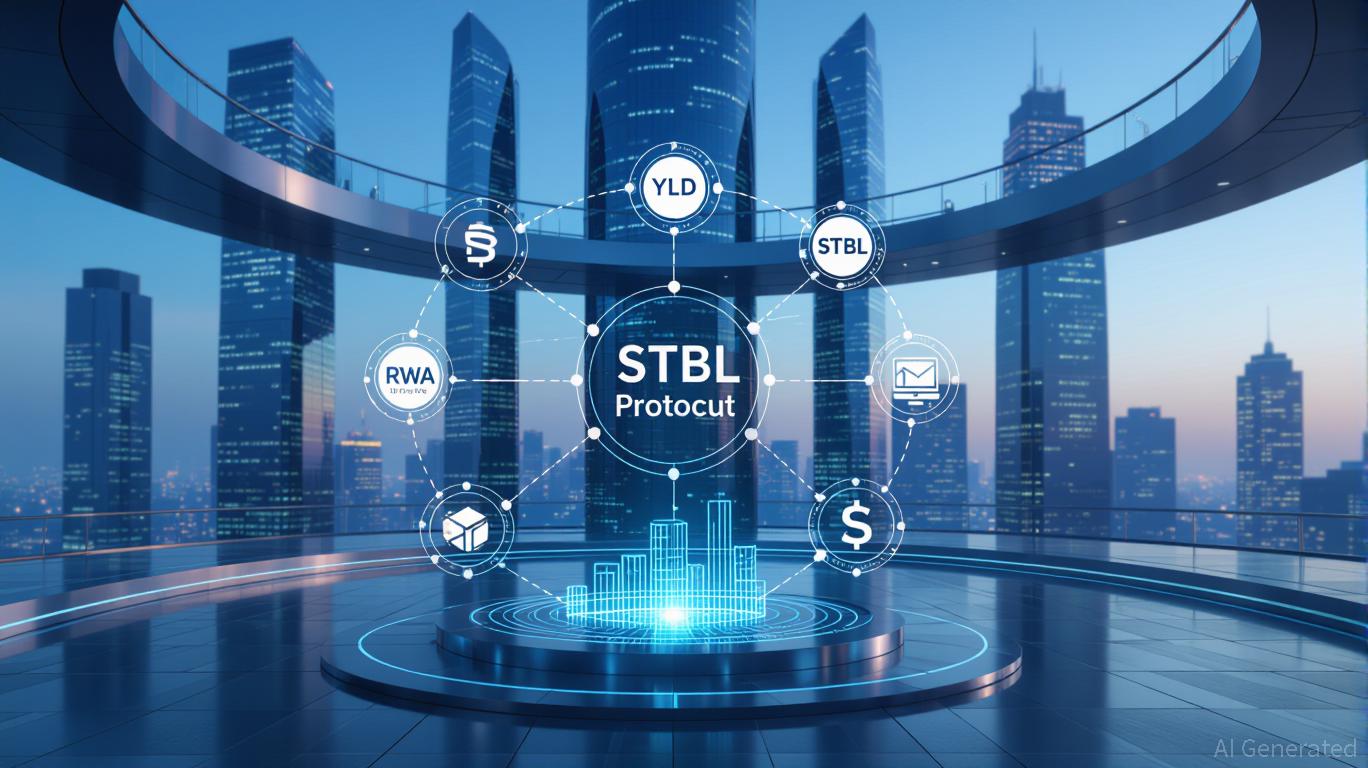 Illustration comparing STBL's dual-token model (USST and YLD) with traditional stablecoins, highlighting yield separation and RWA collateral.