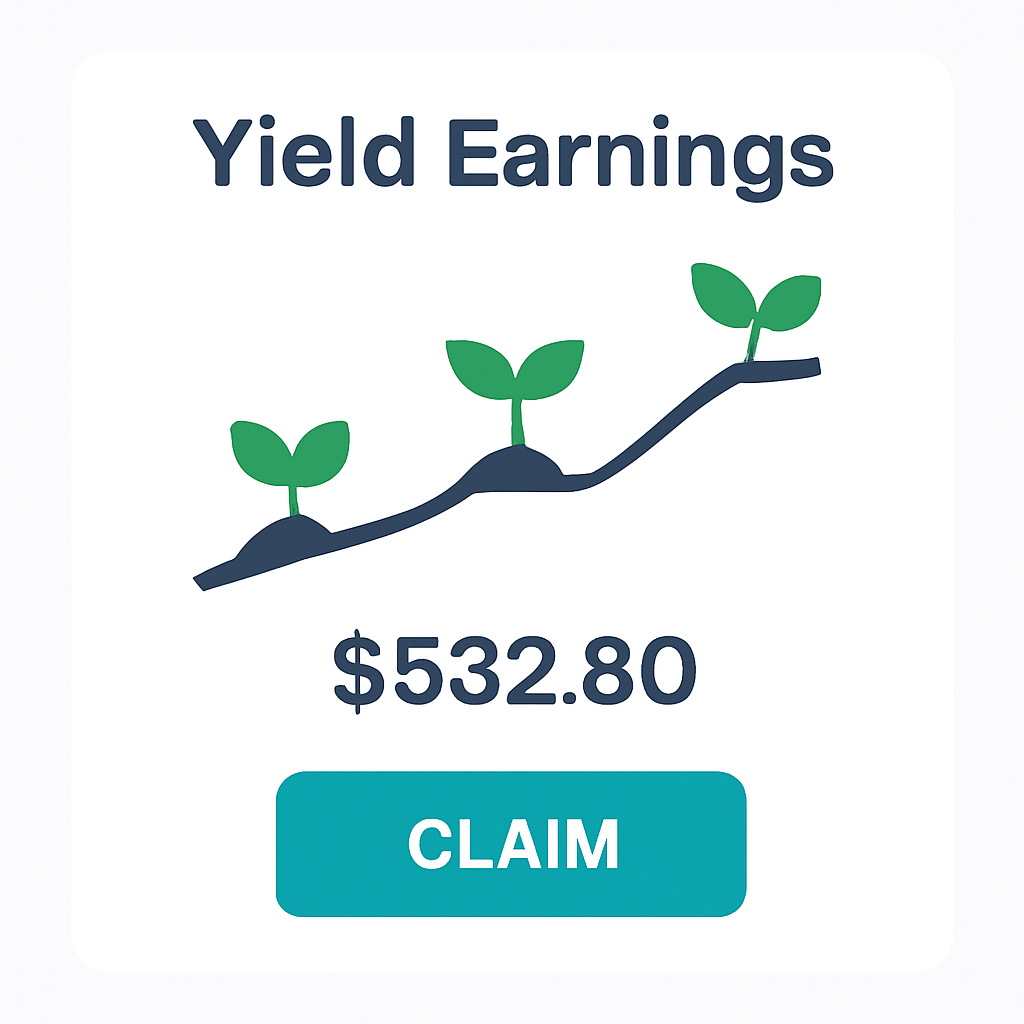 A dashboard displaying growing yield earnings, with a 'Claim' button and animated yield icons, user-friendly and clear