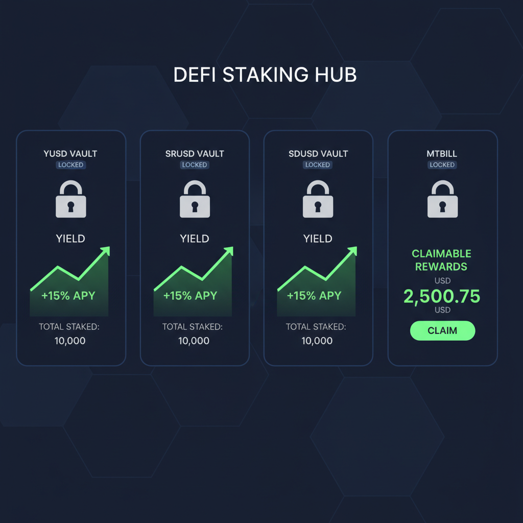 defi staking dashboard with yusd srusd sdusd mtbill vaults, yield graphs rising, lock icons, neon green rewards
