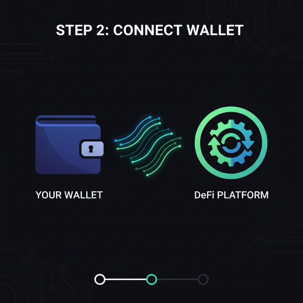 crypto wallet connecting to DeFi platform, glowing connection lines, dark mode interface
