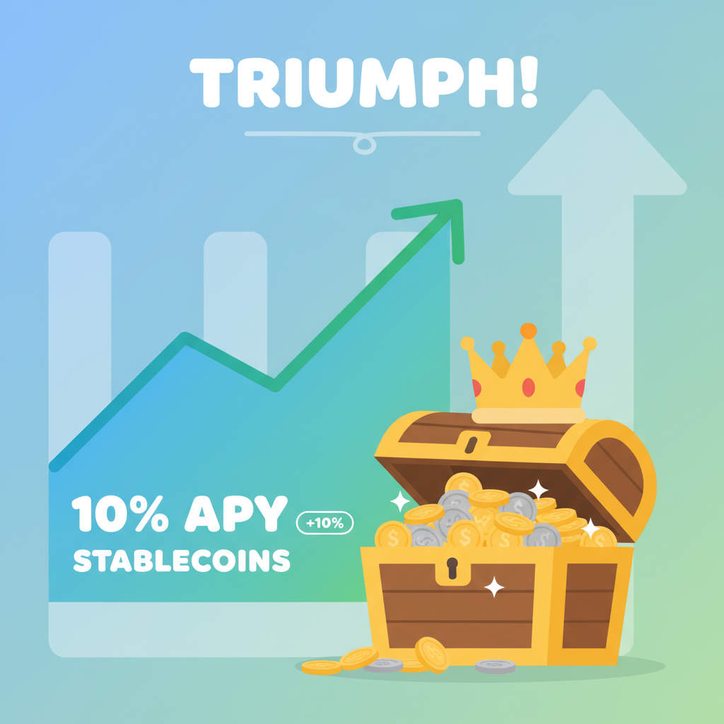 user dashboard showing rising 10% APY graph on stablecoins, treasure chest overflowing coins, triumphant