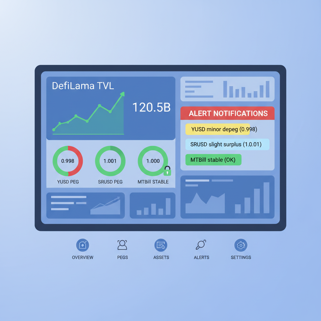 defi monitoring dashboard defillama tvl peg charts yusd srusd mtbill stable, alert notifications, data viz screens