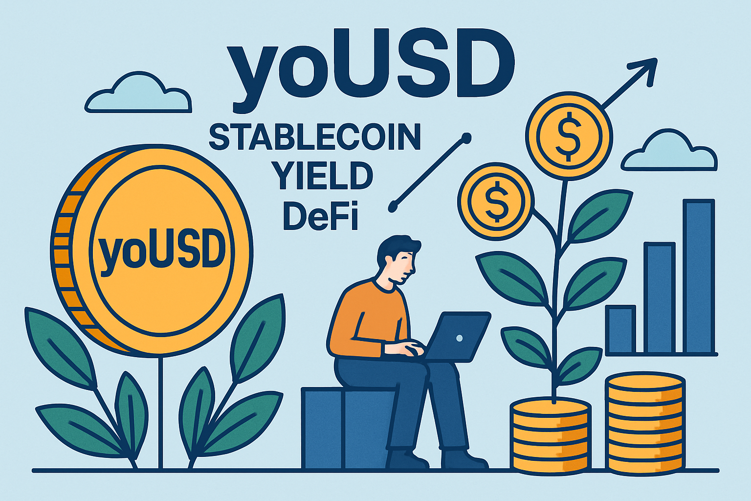 Conceptual illustration of yield-bearing stablecoin yoUSD, depicting digital coins generating passive income in a DeFi ecosystem, symbolizing price stability and yield accrual without specific price numbers.
