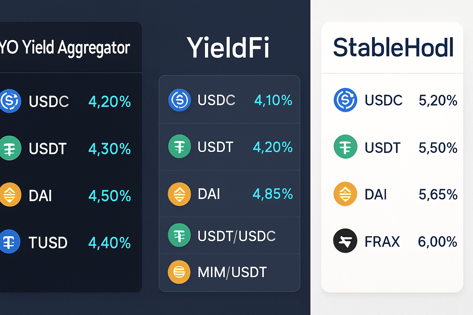 Dashboard screenshots of YO, YieldFi, and StableHodl stablecoin yield aggregators highlighting APY rates and user interfaces in 2025