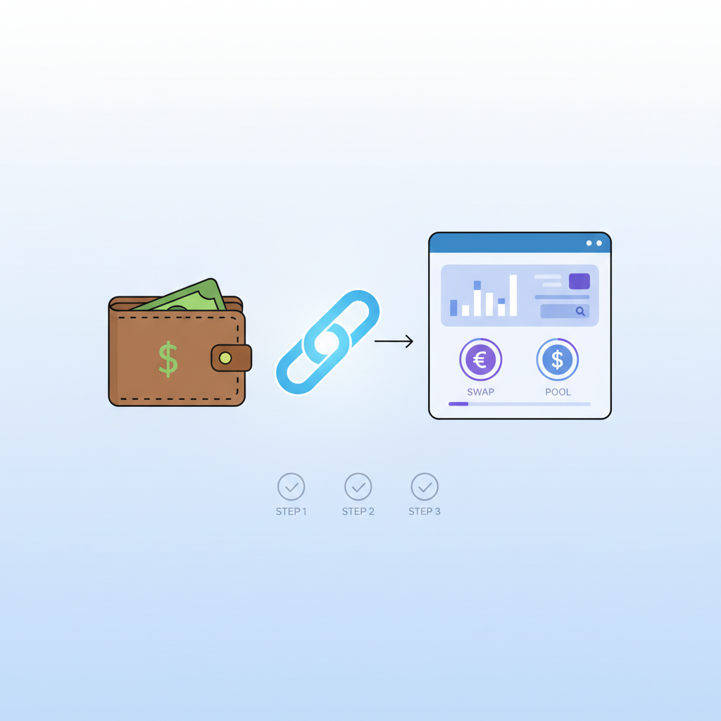 wallet icon connecting to DeFi dApp interface, glowing chain link, modern UI style