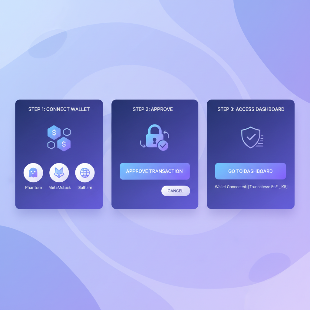 clean solana wallet connection interface on defi dashboard, blue purple theme, modern UI