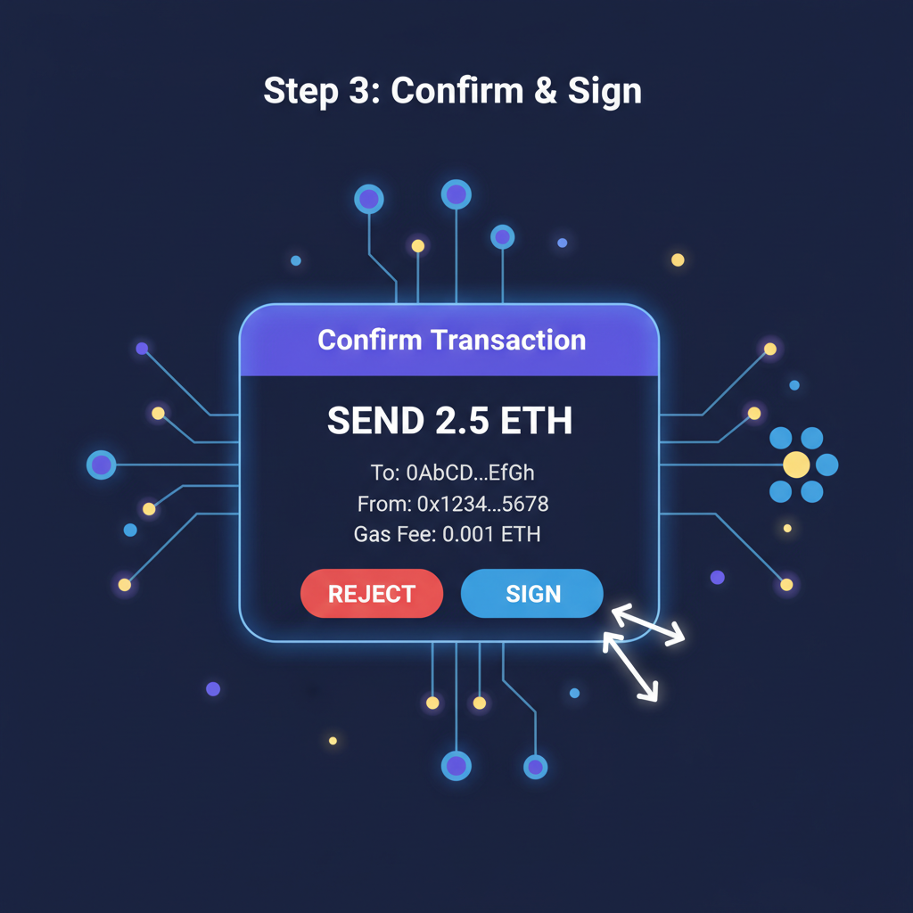 Ethereum transaction confirmation screen, wallet signature prompt, blockchain nodes glowing