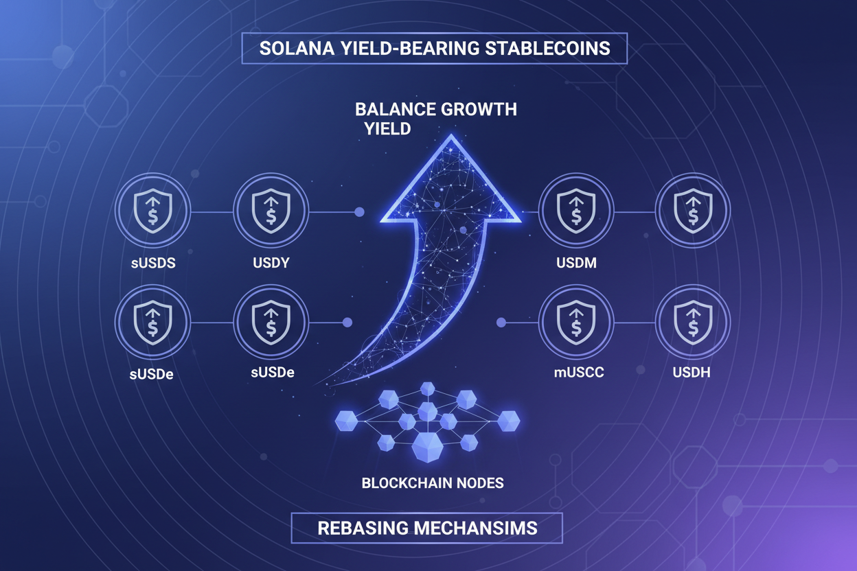 Vibrant graphic of top 5 yield-bearing stablecoins on Solana (sUSDS Sky Protocol, USDY Ondo Finance, USDM Mountain Protocol, sUSDe Ethena, mUSDC Marginfi) showing rebasing balance growth, yield icons, and blockchain nodes for passive income 2026