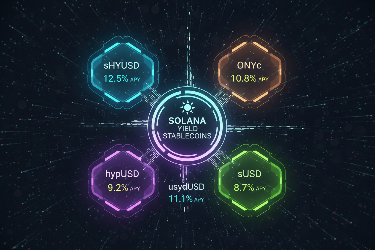 Vibrant graphic of Solana blockchain featuring glowing yield-bearing stablecoins sHYUSD, ONYc, hypUSD, sUSD, usydUSD with 20%+ APY passive income effects for 2026 DeFi investments