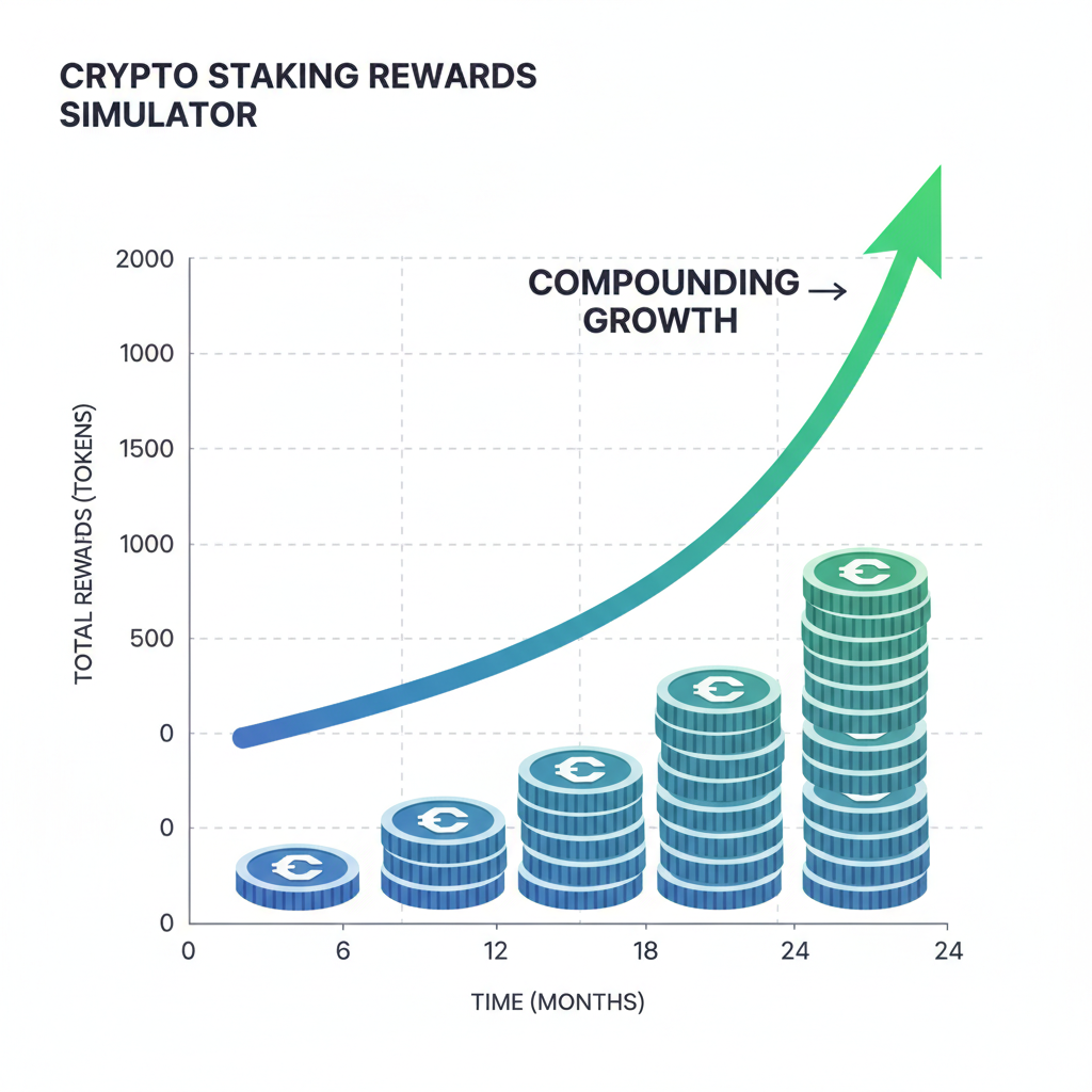 graph of compounding rewards over time, upward curve, crypto tokens stacking, analytical chart